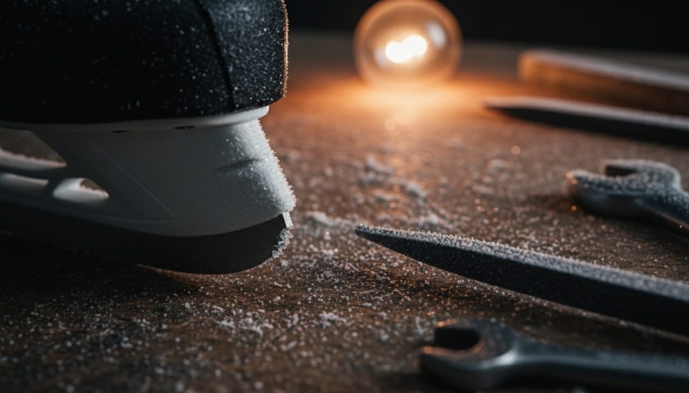 Patim de gelo com lâmina e ferramentas metálicas sobre superfície com gelo e luz quente ao fundo