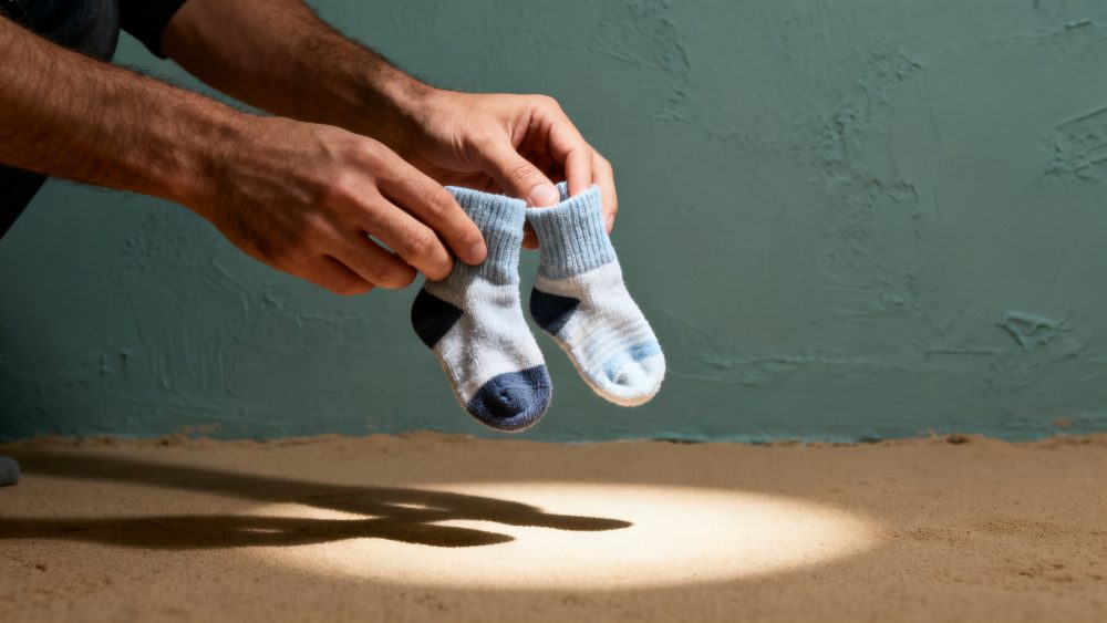 Mãos adultas seguram meias azul e branco para bebé contra fundo verde texturizado