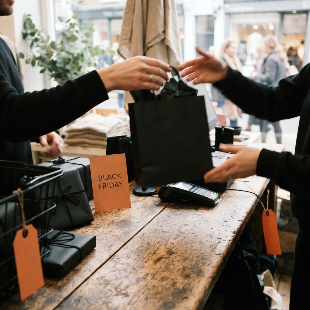 Troca de saco de compras preto no balcão de loja com etiqueta Black Friday