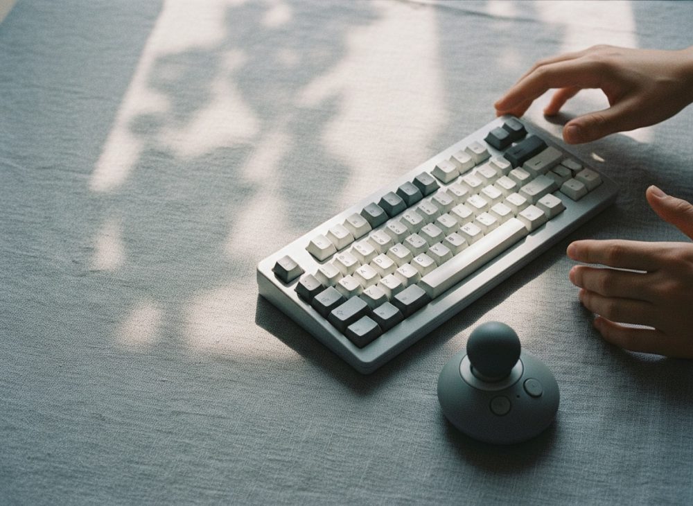 Mãos perto de teclado mecânico branco e controlador joystick sobre mesa cinza