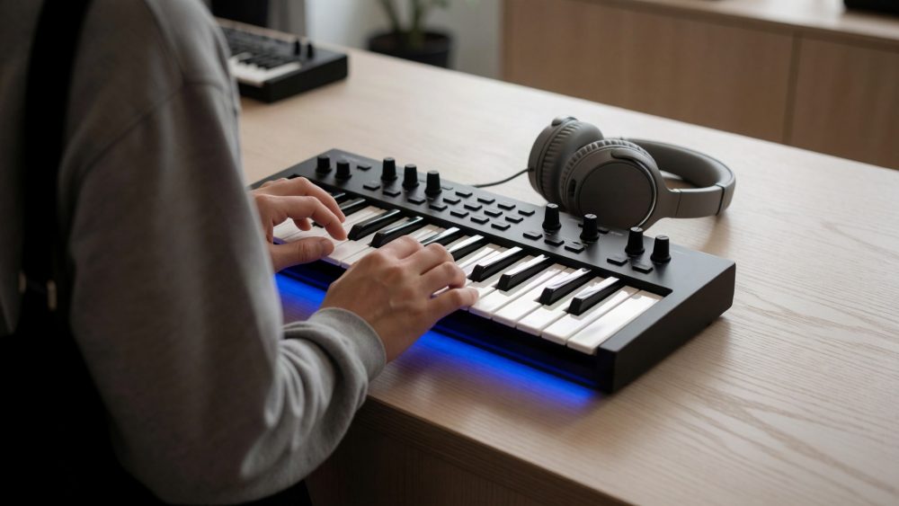 Mãos a tocar teclado MIDI preto com luz azul, headphones cinzentos em secretária clara.