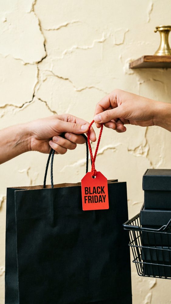 Mãos a entregar saco preto com etiqueta vermelha Black Friday