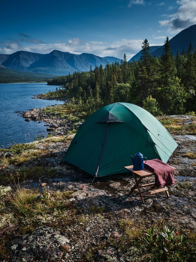 Tenda verde montada junto a um lago com montanhas e floresta ao fundo num dia claro