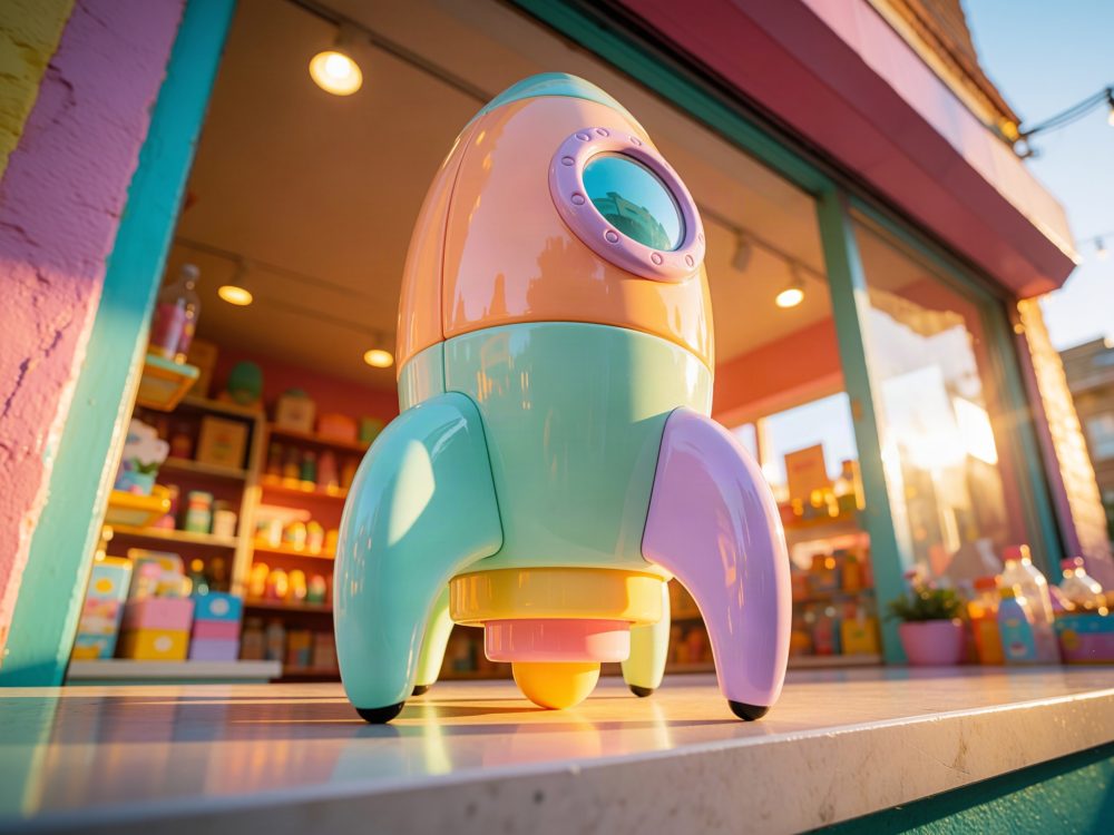 Foguete de brinquedo colorido em loja de brinquedos iluminada pelo pôr do sol