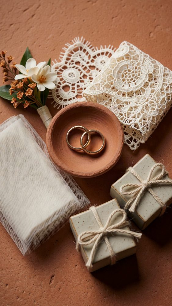 Alianças douradas em prato de barro com rendas, flores brancas e caixas de presente rústicas para casamento