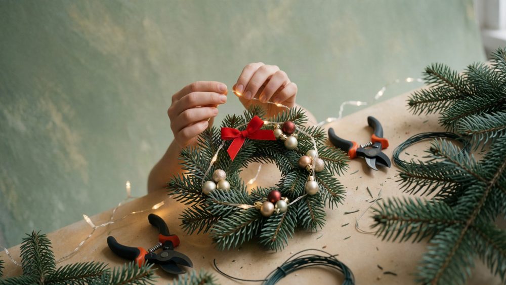 Mãos a decorar coroa de Natal com ramos de pinheiro, bolas e luzes LED sobre mesa com ferramentas