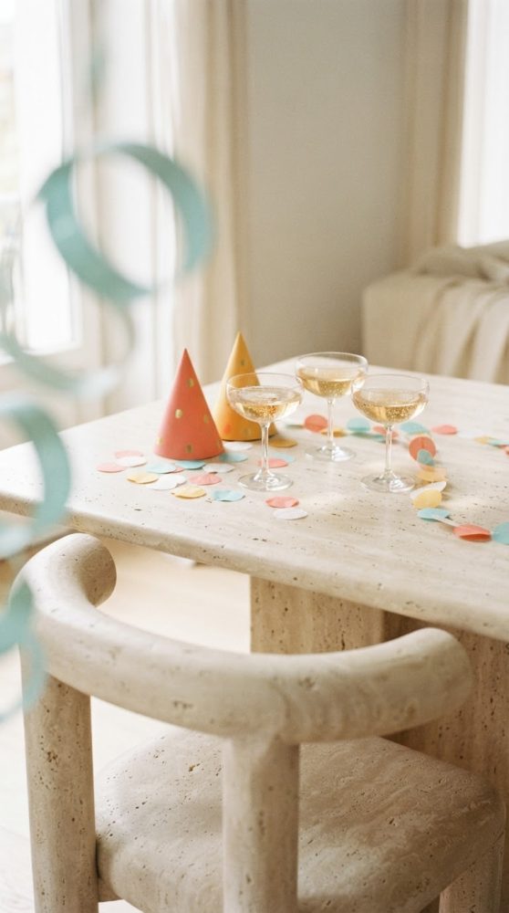Mesa com copos de champanhe, chapéus de festa e confetti colorido em ambiente iluminado