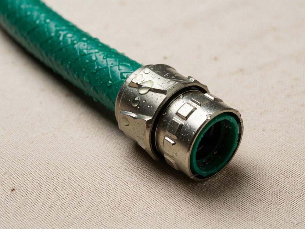 Mangueira verde para jardim com conector metálico prateado e gotas de água sobre fundo bege