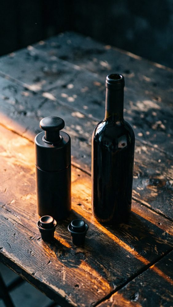 Garrafa de vinho e acessórios pretos para vinho numa mesa de madeira rústica com luz quente
