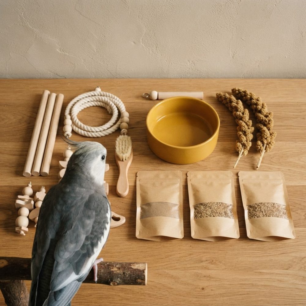 Papagaio cinzento e branco perto de acessórios naturais, brinquedos e sementes para aves