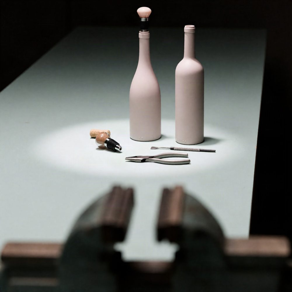 Duas garrafas de vinho claras com acessórios de cortiça e ferramentas sobre mesa branca