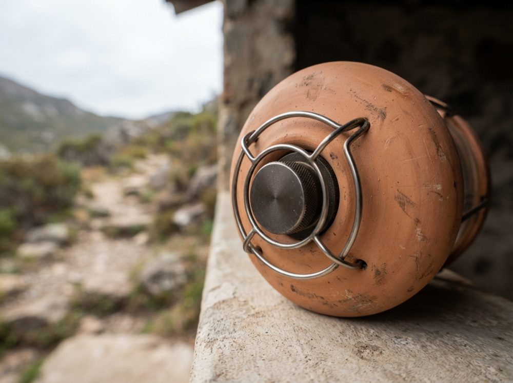 Botija de gás portátil com marcas de uso sobre superfície de pedra ao ar livre