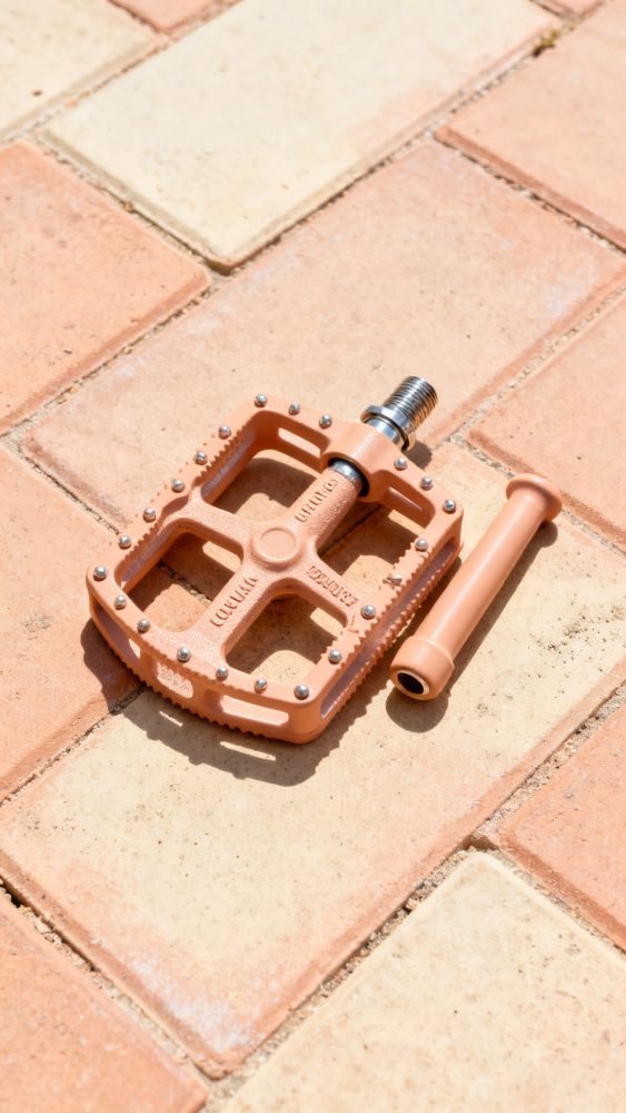 Pedal terracota para bicicleta com pinos antiderrapantes e eixo sobre tijoleira clara