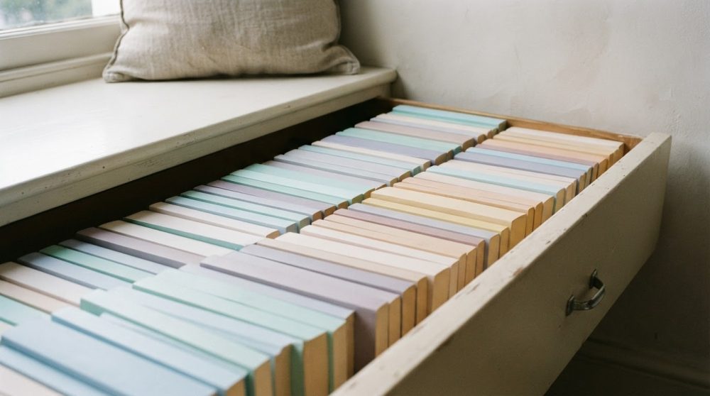 Livros organizados por cores pastel numa gaveta branca junto a almofada e janela