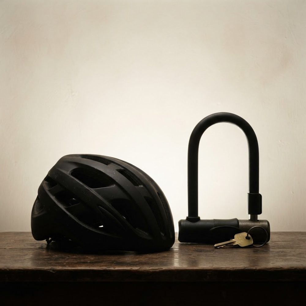Capacete preto e cadeado U-lock com chaves sobre mesa de madeira escura