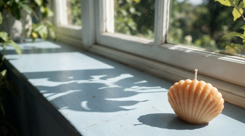 Vela em forma de concha dourada sobre peitoril de janela azul com luz natural e sombras