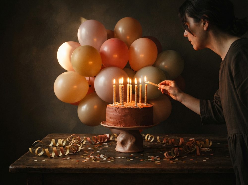 Pessoa a acender velas num bolo de aniversário com balões coloridos ao fundo