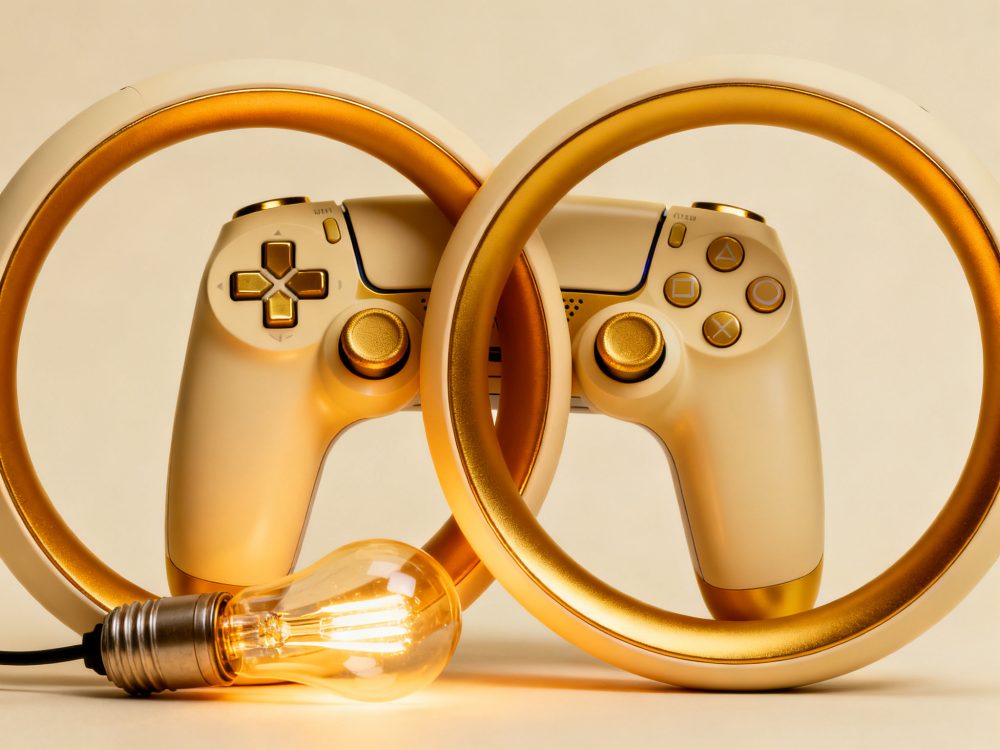 Dois comandos de jogo dourados entre anéis dourados iluminados com lâmpada vintage acesa