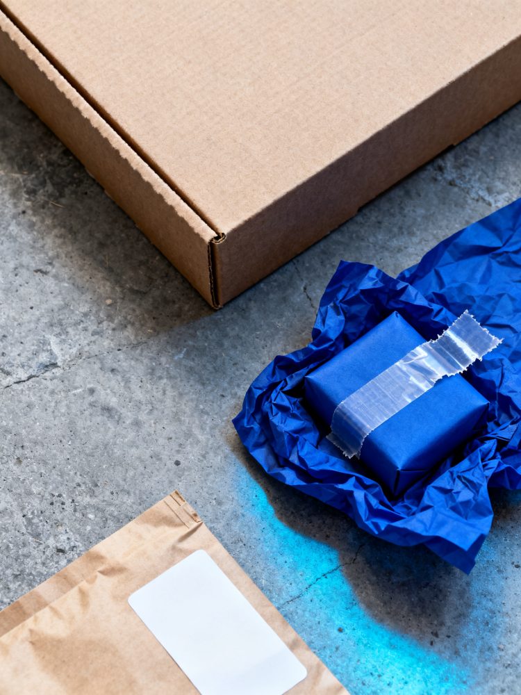 Conjunto de embalagens para envio com caixa de cartão, envelope kraft e presente azul embalado
