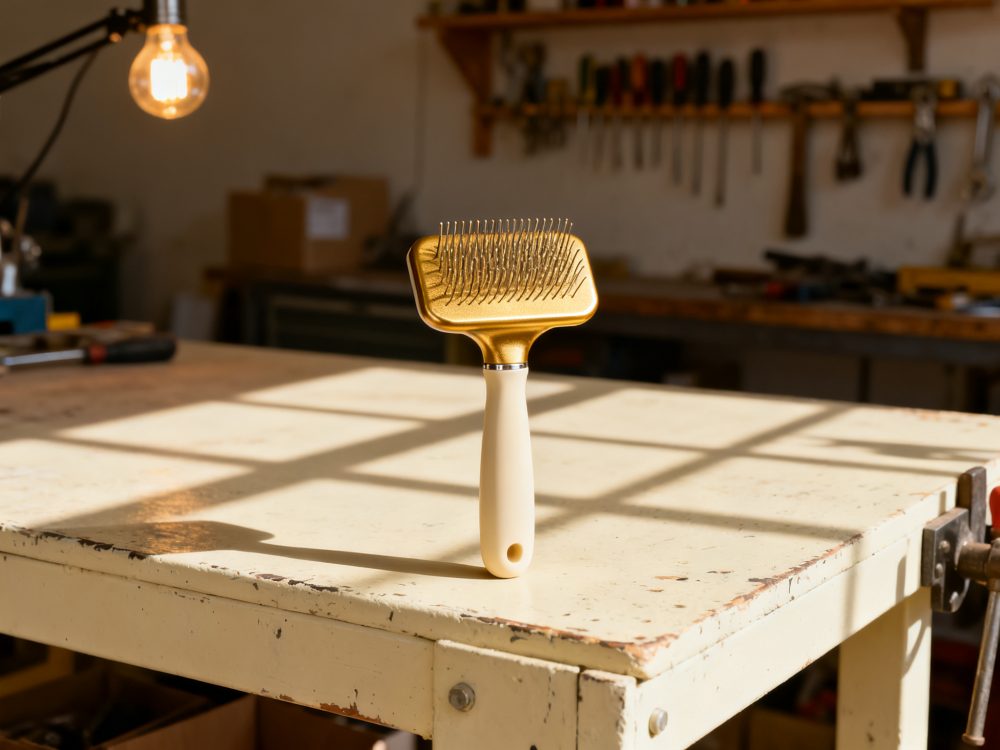 Escova de pentes metálicos dourada com cabo branco sobre mesa antiga em oficina iluminada
