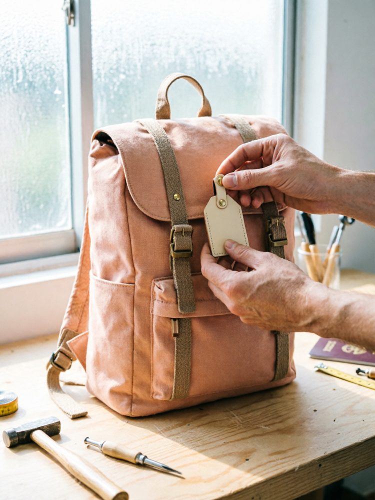 Mochila rosa claro com alças bege sobre mesa de madeira, mãos seguram etiqueta junto a janela iluminada