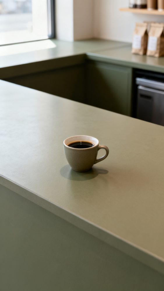 Xícara de café preto sobre balcão verde com luz natural de janela