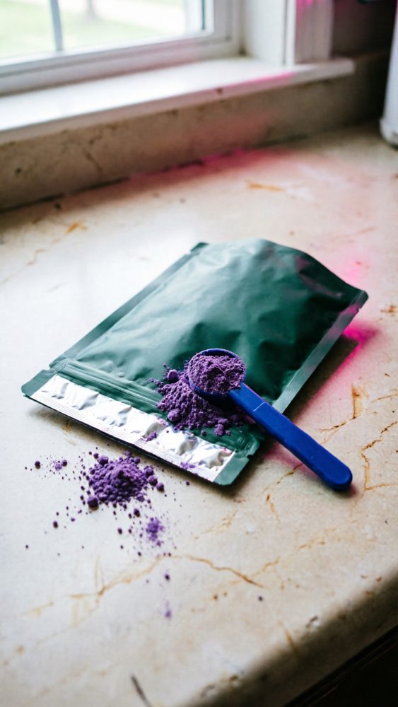 Pó roxo de suplemento com colher azul sobre saco preto numa bancada clara junto a janela