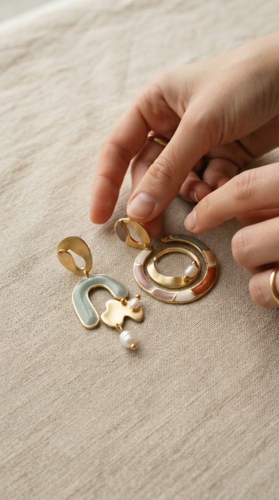 Mãos a segurar brincos artísticos em ouro com detalhes esmaltados e pérolas sobre tecido bege