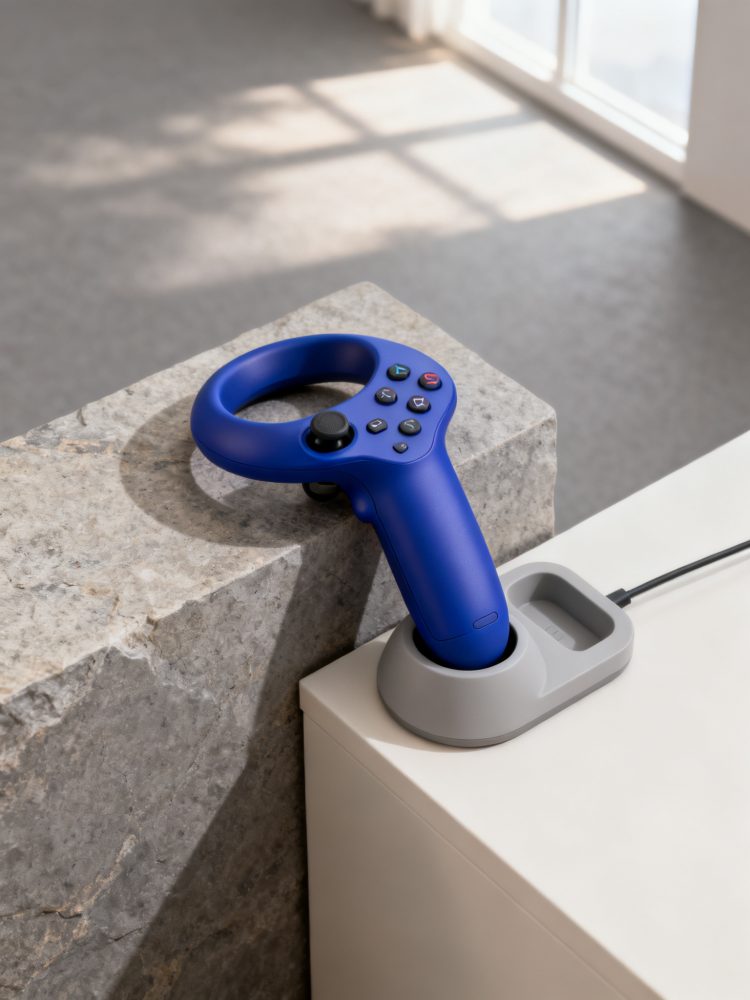 Comando de videojogos azul em base de carregamento cinzenta sobre uma mesa branca com luz natural