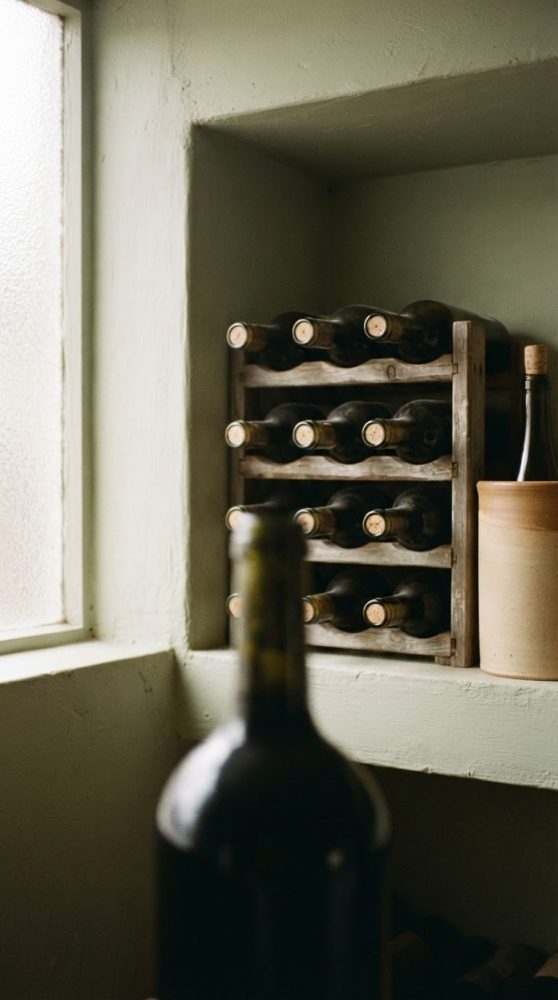 Garrafas de vinho num suporte de madeira ao lado de janela com luz natural