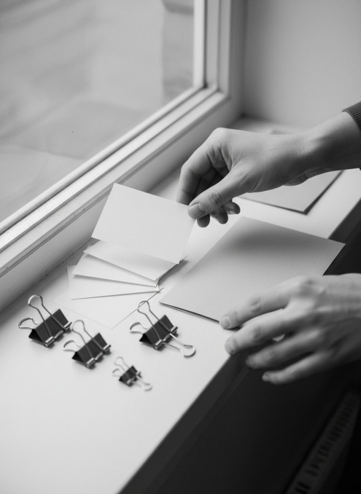 Mãos organizam cartões brancos e clips para papel numa superfície branca junto a janela