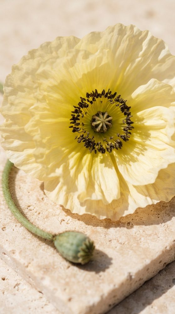 Flor amarela de papoila com petalas delicadas sobre base de pedra clara