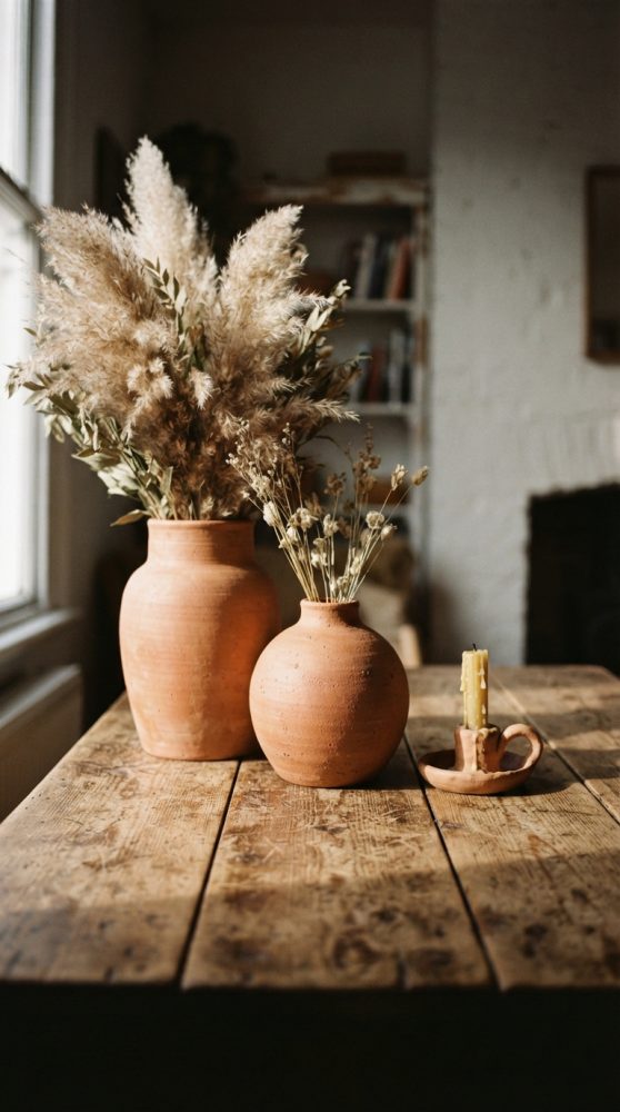 Vasos de terracota com flores secas sobre mesa de madeira rústica numa sala acolhedora iluminada pela janela