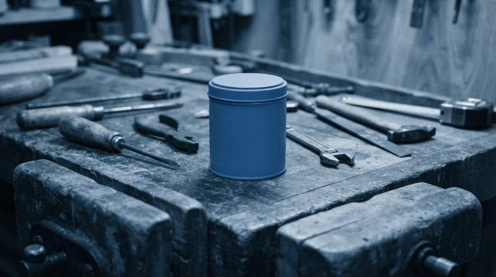 Lata azul em bancada de madeira com várias ferramentas manuais numa oficina de carpintaria
