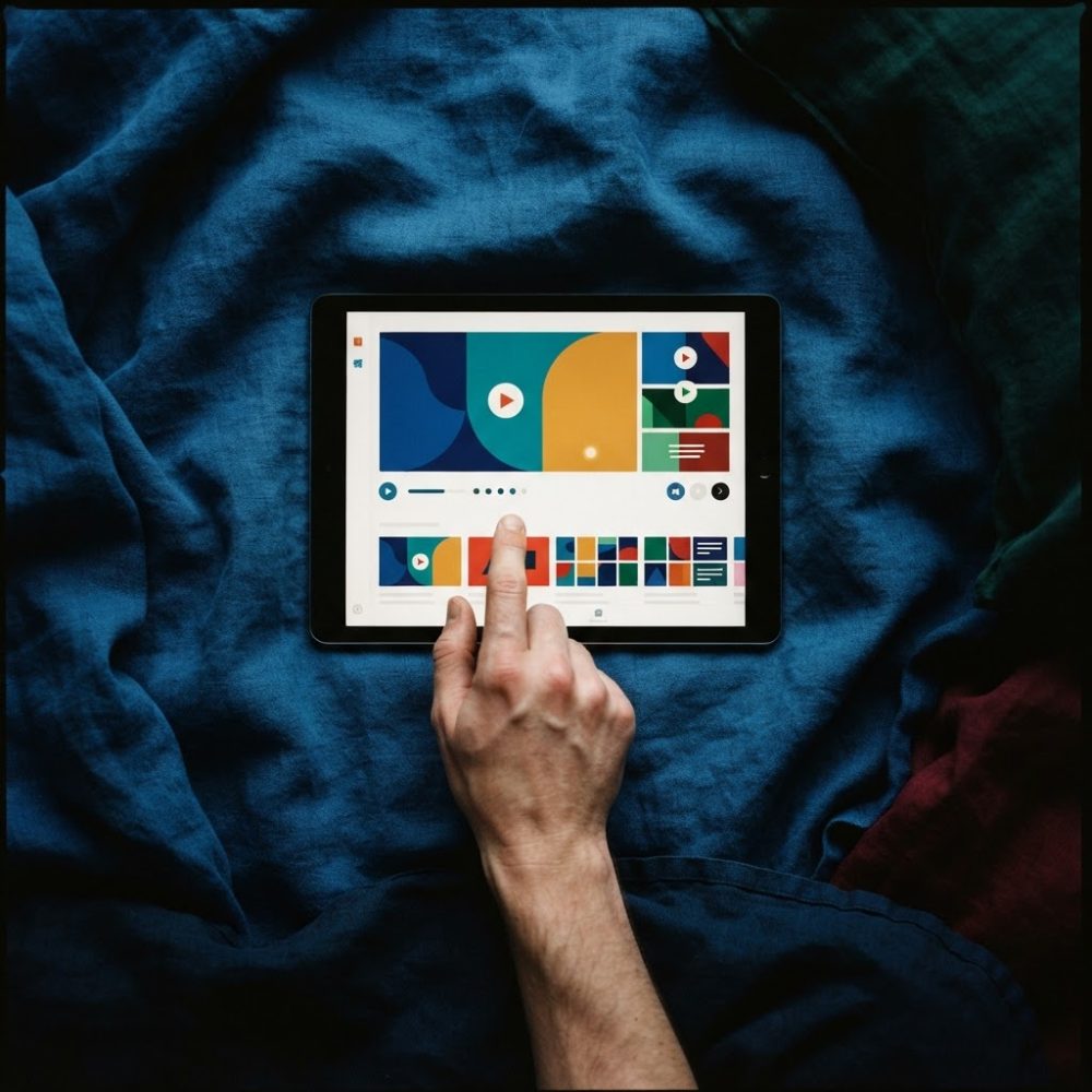 Mão a tocar o ecrã de um tablet com interface colorida sobre tecido azul escuro