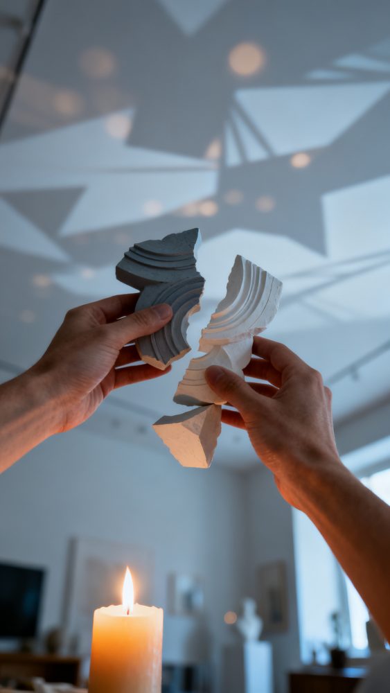 Mãos segurando pedaços de gesso com padrões contra sombras de estrelas e vela acesa