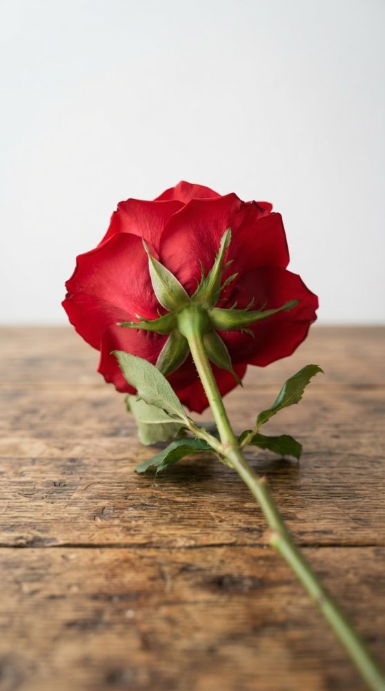 Rosa vermelha com caule e folhas sobre mesa de madeira rústica vista de trás