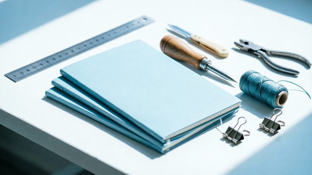 Mesa clara com cadernos azuis, régua, ferramentas, linha e clips para encadernação artesanal