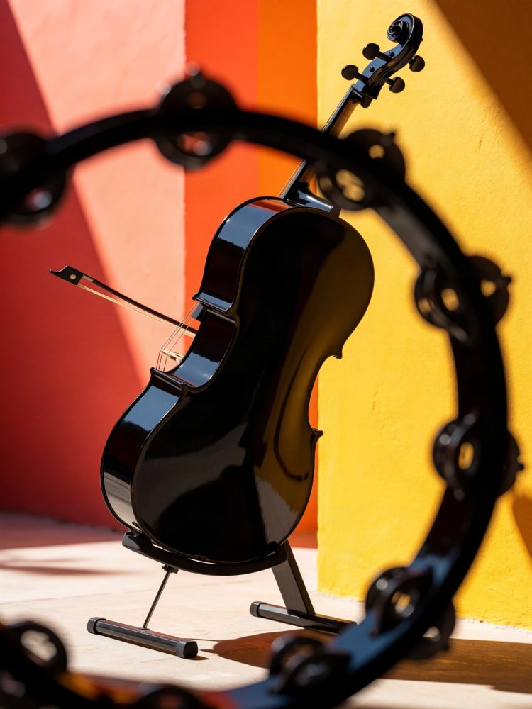 Violoncelo preto com arco e pandeireta em fundo amarelo e vermelho