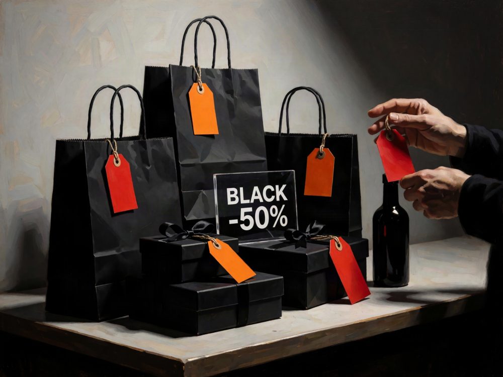 Sacos e caixas de oferta pretos com etiquetas coloridas e placa de desconto Black Friday -50%