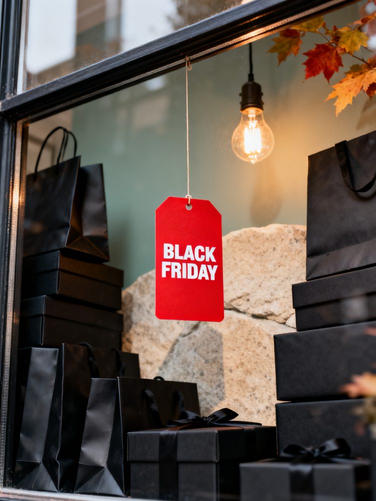 Etiqueta vermelha Black Friday entre caixas e sacos negros numa montra com lâmpada e decoração de outono