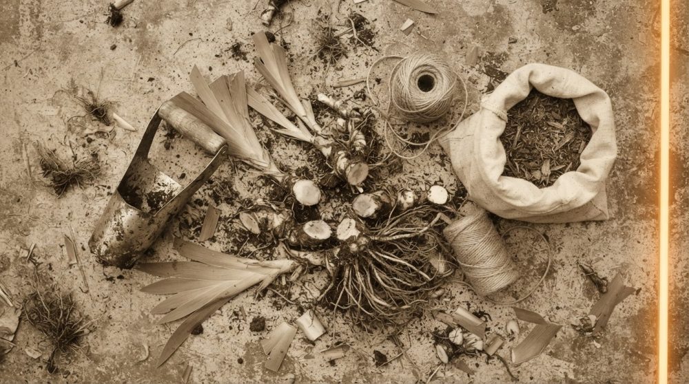 Ferramentas de jardinagem, cordas, saco de terra e raízes no chão