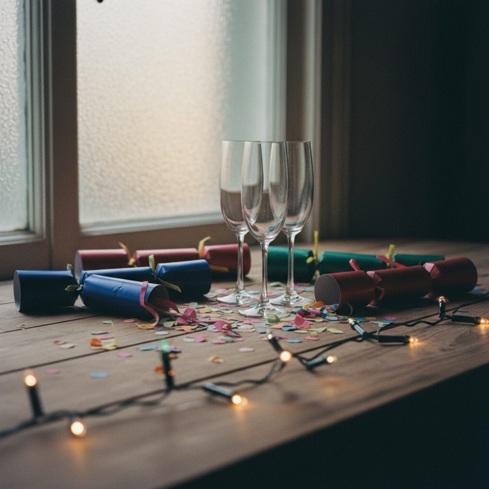 Três taças de champanhe rodeadas por estaladores coloridos, confetes e luzes decorativas acesas numa mesa de madeira