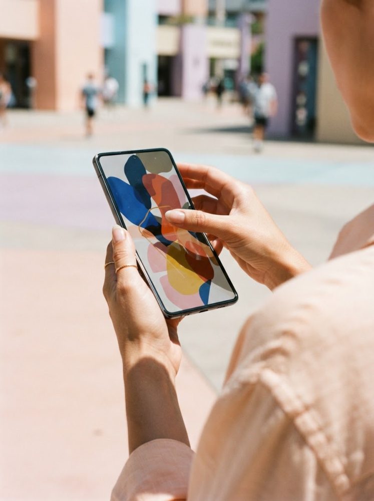 Mãos femininas seguram smartphone moderno com ecrã colorido ao ar livre numa praça urbana