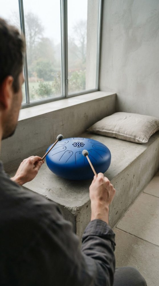 Pessoa a tocar instrumento musical steel tongue drum azul num banco de cimento junto a janela
