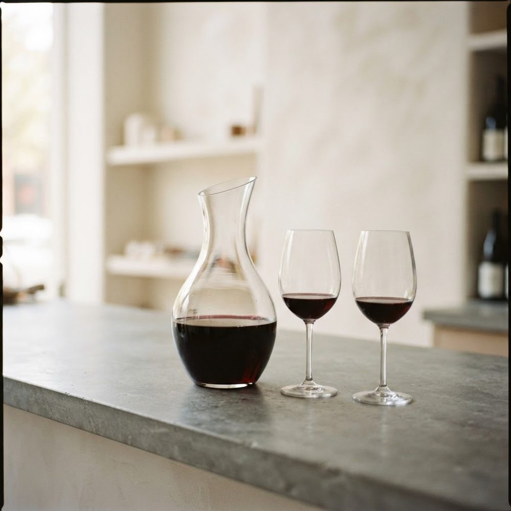 Decantador e duas taças com vinho tinto sobre bancada cinzenta em espaço minimalista