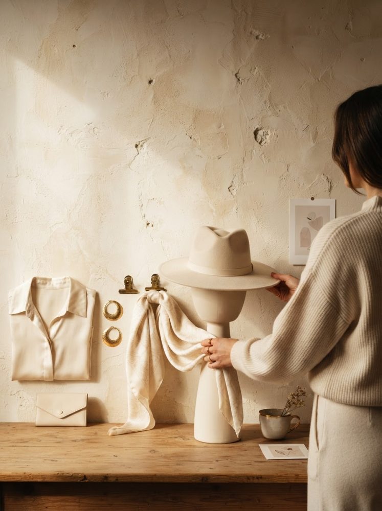 Mulher a organizar chapéu bege e lenço em ambiente com acessórios de moda em tons neutros