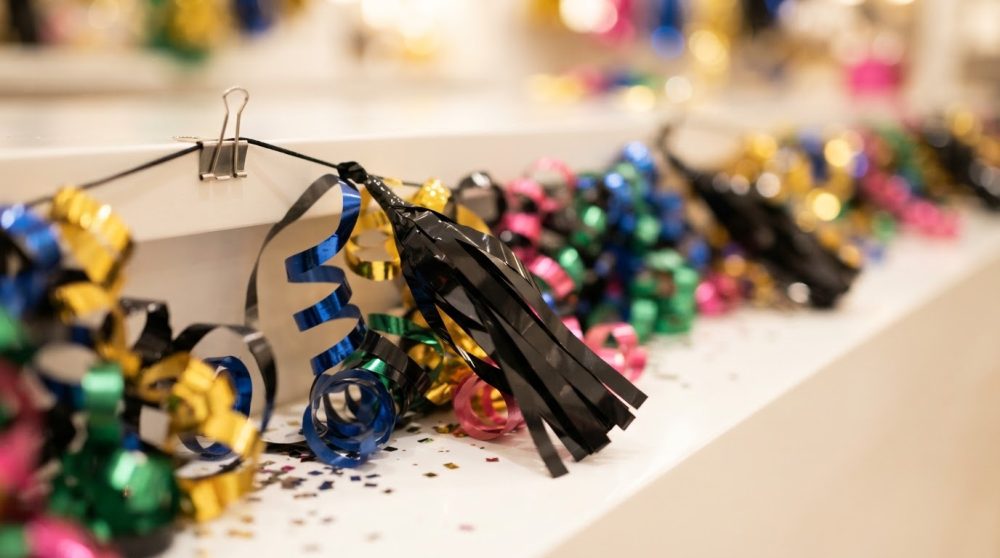 Serpentinas coloridas e confetes sobre mesa branca para decoração de festas
