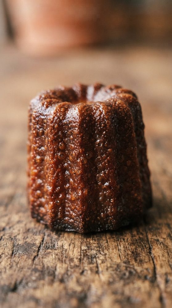Canelé francês caramelizado com textura crocante sobre madeira rústica