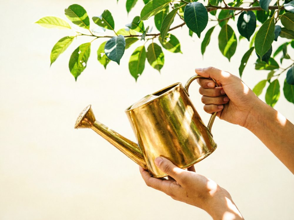 Mãos segurando regador dourado perto de folhas verdes de planta